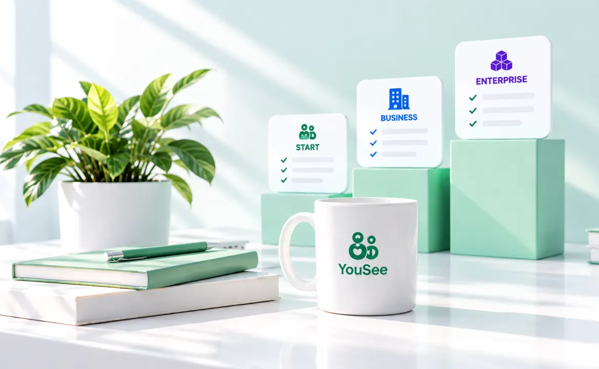 Ba thẻ gói Start, Business, Enterprise trên bàn làm việc bên cốc YouSee